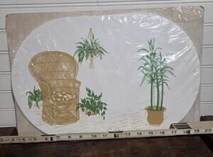 Vintage Erika Oval Placemat Set 1970s Boho Wicker Peacock Chair Houseplants NOS